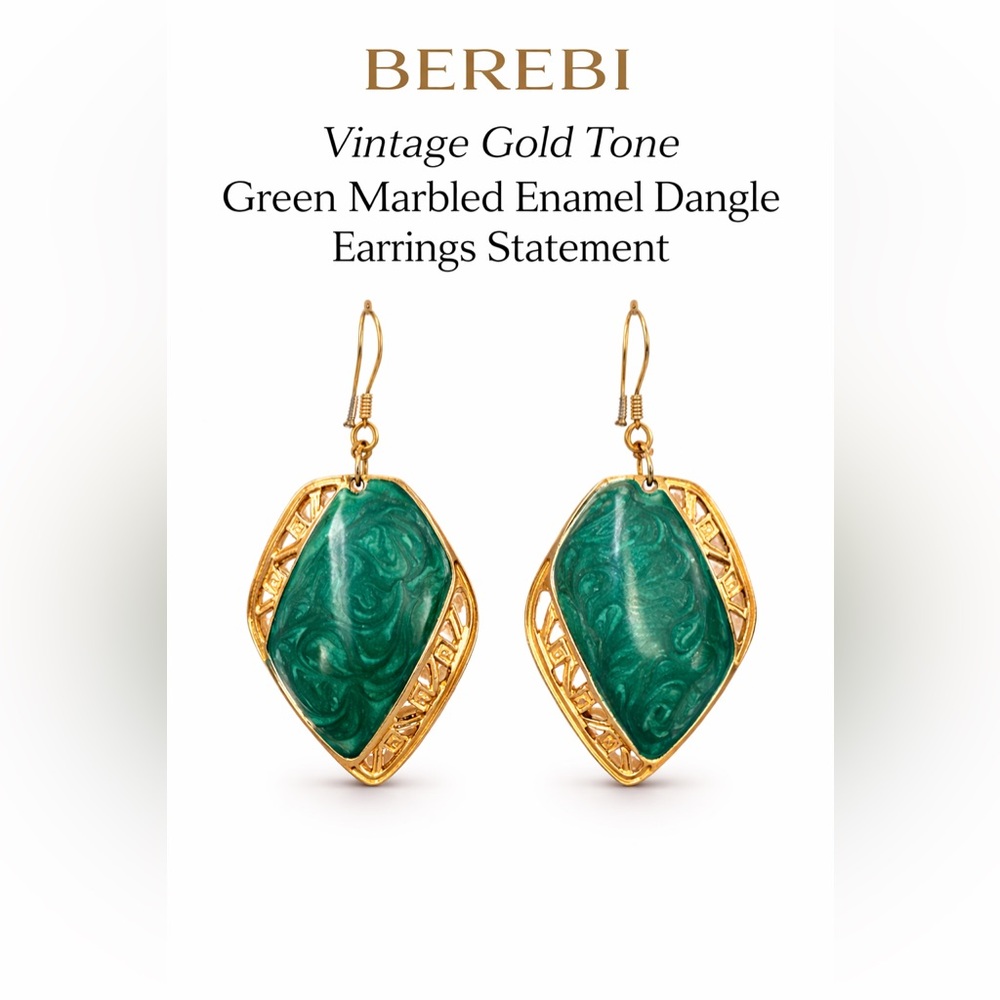 Vintage Signed 1980's Berebi Gold & Green Marbled Enamel Statement Earrings